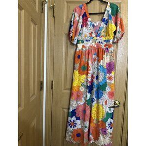 Billy J Size 14 Maxi Dress Multicolor Floral Puff Sleeve Boho Garden Party